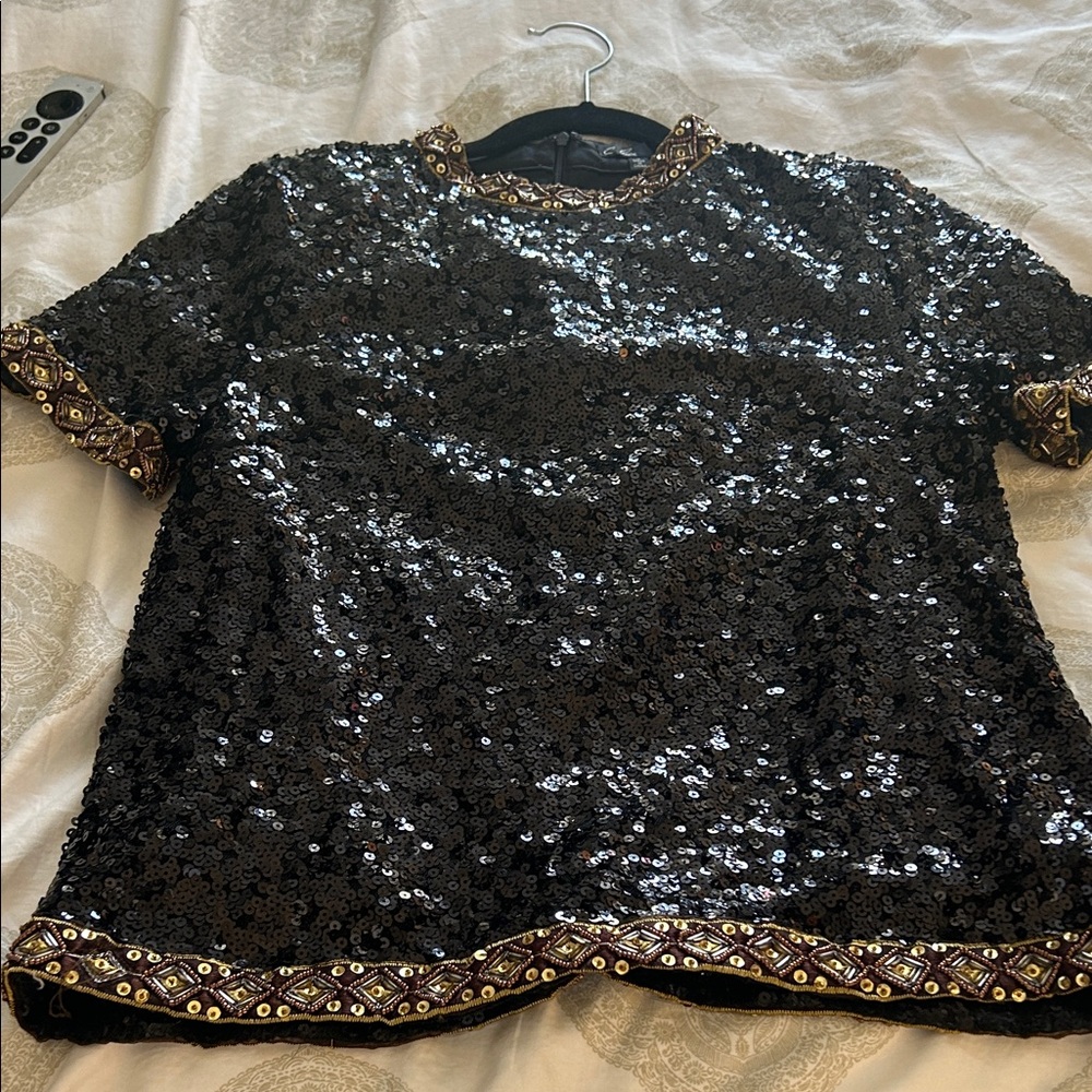 C. Luce Black Sequin Top with Gold Embellishments
